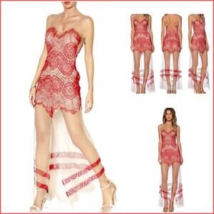 For Love and Lemons Red & Nude Lace Antigua Maxi Dress SZ L $280
